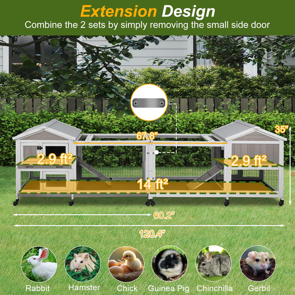 Large Rabbit Hutch with Run 2-Story Bunny Cage 6 Wheels U7433