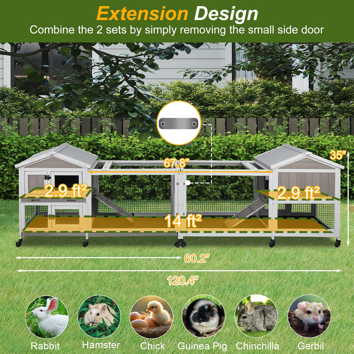 Large Rabbit Hutch with Run 2-Story Bunny Cage 6 Wheels U7433