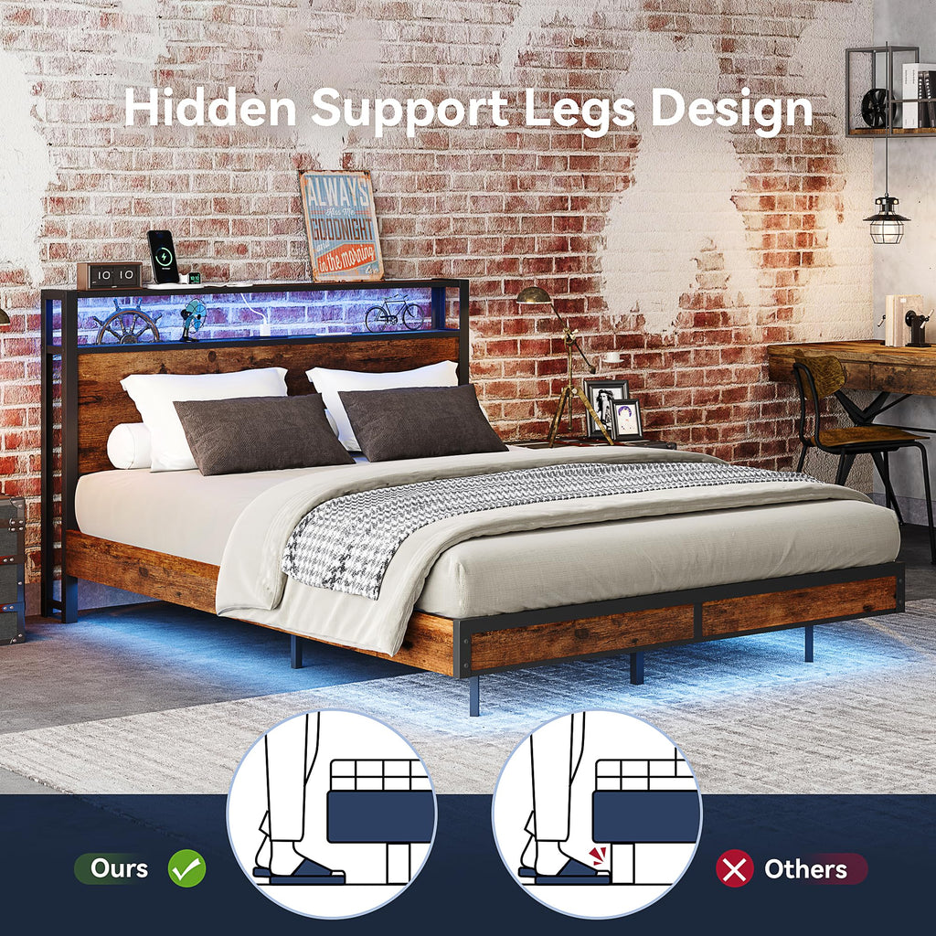 Queen Size Metal Bed Frame with Storage Headboard and Charging Station H23939