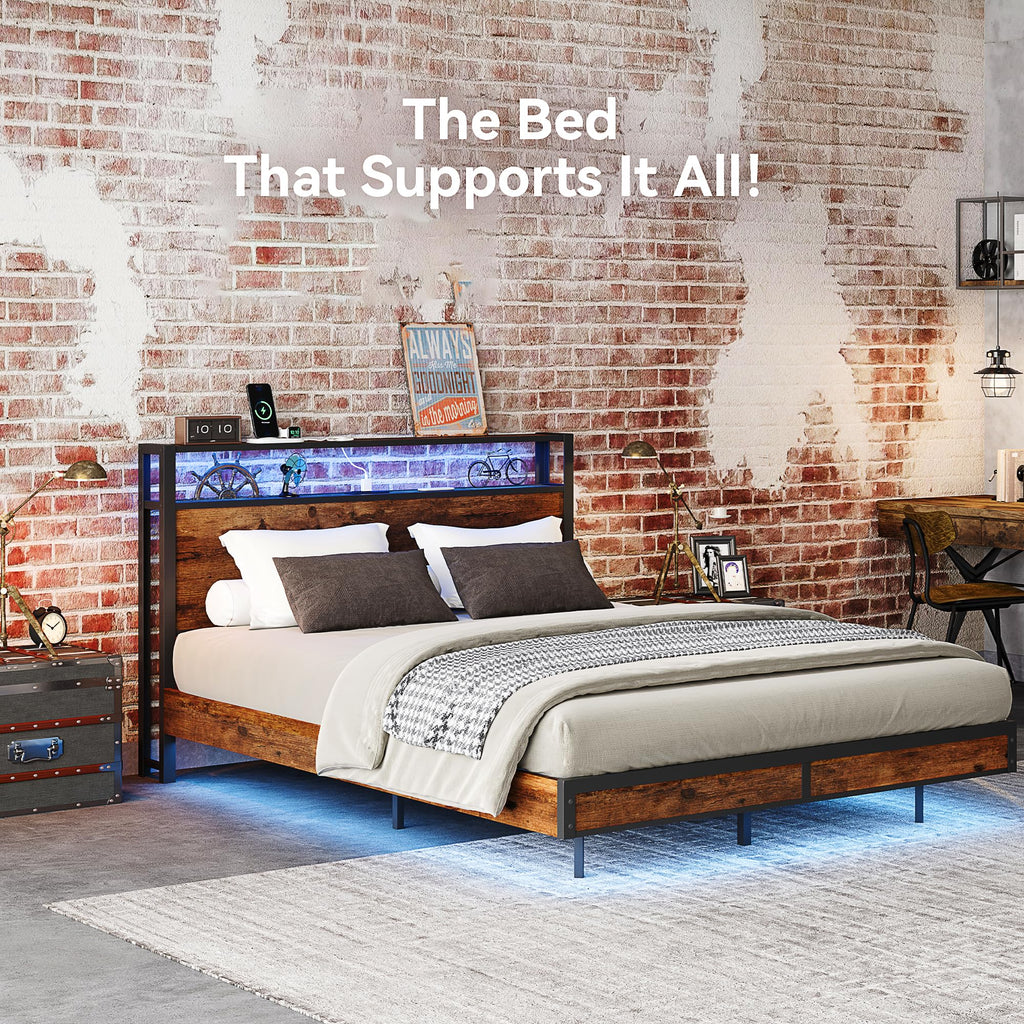 Queen Size Metal Bed Frame with Storage Headboard and Charging Station H23939